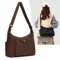 Korean style fashion plaid crossbody bag, casual pleated design, large capacity canvas shoulder bag. - No Pendant / Brown