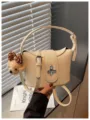 Beige bucket bag for women, chic PU leather crossbody purse with cute bear pendant. - With Pendant / Off White