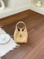Beige litchi leather bucket bag, chic commuter top handle handbag for elegant daily wear. - No Pendant / Yellow
