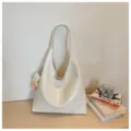 Korean style large capacity soft leather tote bag, simple commuter underarm bag, white variant. - With Pendant / Off White