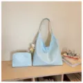 Light blue soft leather tote bag set large capacity minimalist hobo shoulder bag for women - With Pendant / Blue