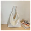 Cream patent leather slouchy tote bag, chic minimalist shoulder hobo bag for daily commute. - No Pendant / Off White