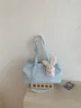 Light blue commuter tote bag, large capacity minimalist shoulder bag with cute rabbit plush charm. - With Charm / Blue