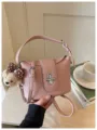 Pink Litchi Grain Leather Bucket Bag Women Stylish Crossbody Handbag with Bear Charm - With Pendant / Pink