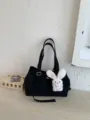 Black canvas tote bag with cute rabbit plush pendant, large capacity commuter shoulder bag. - With Charm / Black