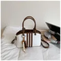Chic white and brown contrast tote bag with beaded charm and stylish vertical stripes for women. - With Pendant / White