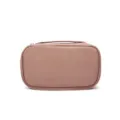 Pink leather cosmetic bag, portable travel makeup organizer with top handle and zipper. - Pink