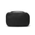Black leather cosmetic bag, portable toiletry pouch with zipper and top handle for travel. - Black