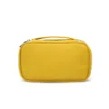 Yellow leather cosmetic bag, portable travel makeup organizer with handle and zipper closure. - Yellow