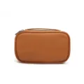 Brown leather cosmetic bag, portable travel makeup pouch with top handle and zipper. - Earthy Yellow