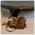 Dark brown oil wax leather shoulder bag women large capacity commuter casual crossbody hobo bag - Brown With Pendant