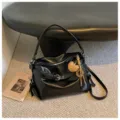 Simple casual oil wax leather shoulder bag black variant, versatile commuter crossbody style. - Black With Pendant