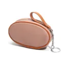 Pink leather coin purse with brown trim, wrist strap, and keychain ring for women. - Pink