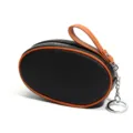 Mini leather coin purse with contrast color design, zipper closure, and key ring. - Black