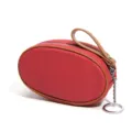 Compact genuine leather oval coin purse with color contrast piping, zipper closure, and keychain. - Red