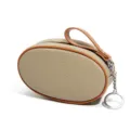 Genuine leather mini oval coin purse with contrast trim, zipper closure and keychain ring. - Gray