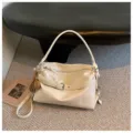 Minimalist casual oil wax leather shoulder bag for women, large capacity commuter crossbody bag. - Beige Without Pendant