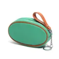 Genuine leather mini coin purse with contrasting color trim, zipper closure and key ring. - Verona Green