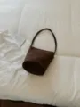Retro dark brown suede bucket bag for women, elegant minimalist shoulder handbag for commute. - No Pendant / Brown