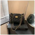 Black quilted chain shoulder bag for women, stylish underarm handbag with metal lock. - Square Lock Style / Black