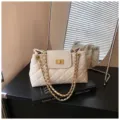 Elegant off-white quilted shoulder bag with gold chain strap, stylish women's commuter handbag. - Square Lock Style / White
