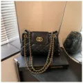 Black quilted shoulder bag with gold chain strap, stylish commuting handbag for women. - Round Lock Style / Black