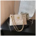 Women Quilted Chain Shoulder Bag Off-White Underarm Handbag Chic Daily Commuter Bag - Round Lock Style / White