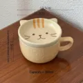 Cute cat ceramic mug with lid embossed cartoon coffee cup breakfast oatmeal water cup 300ml - 301-400ml / Yellow Cat With Lid