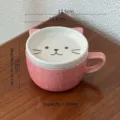 Pink ceramic mug with cute cat lid, embossed cat pattern coffee cup and breakfast cup, 300ml. - 301-400ml / Pink Cat With Lid