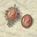 Vintage cameo portrait brooch detail shot, elegant carved women profile with rhinestones. - Silver-Pink