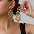 Retro rhinestone hollow floral long tassel earrings bohemian antique gold jewelry. - Petal Tassel Style (weh6388) / White Antique Gold