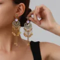 Retro hollow rhinestone tassel earrings bohemian long gold dangle earrings for women. - Petal Tassel Style (weh6388) / Pink Antique Gold