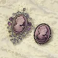 Vintage cameo brooch set featuring elegant lady profile design with rhinestones for women. - Silver-Purple