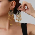 Vintage rhinestone hollow flower tassel earrings bohemian exaggerated long dangle jewelry - Petal Tassel Style (weh6388) / Black Antique Gold