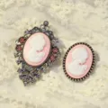Vintage cameo brooch set featuring elegant Victorian court style portrait design with crystal. - Silver-Pink White