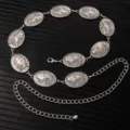Vintage silver metal waist chain with fish embossed oval medallions and adjustable extension. - X1194-1 (Silver Fish)