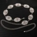 Close up of silver metal waist chain with retro Eiffel Tower relief medallions for dresses. - X1195-1 (Silver)