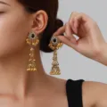 Vintage gold-toned ethnic jhumka drop earrings with black central stone and fringe bells. - Hollow Bell Style (weh6382) / Black Antique Gold