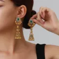 Vintage ethnic gold dangling earrings with green stone and delicate bell tassels for women. - Hollow Bell Style (weh6382) / Green Antique Gold