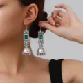 Vintage silver long drop earrings with green square gems and bell tassels for women. - Square Rhinestone Tassel Style (weh6384) / Green Antique Silver