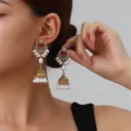 Vintage ethnic style gold-toned jhumka earrings with red rhinestone and white pearl tassels. - Pearl Bell Style (weh6383) / Red Antique Gold