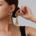 Retro ethnic style gold dangle earrings featuring blue center stone and delicate bells for women. - Hollow Bell Style (weh6382) / Royal Blue Antique Gold