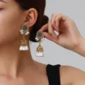 Detail view of retro vintage ethnic style long jhumka earrings with pearls and blue crystal. - Pearl Tassel Style (weh6386) / Royal Blue Antique Gold