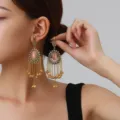 Ethnic Indian style long tassel bell earrings vintage bohemian rhinestone jewelry - Center Stone Bell Style (weh6385) / Pink Antique Gold