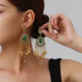 Indian style long tassel bell earrings bohemian round rhinestone drop earrings gold ethnic jewelry - Center Stone Bell Style (weh6385) / Green Antique Gold