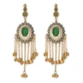 Detailed shot of Indian vintage gold long tassel bell earrings with green stone and rhinestones. - Green