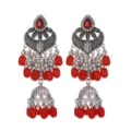 Boucles d'oreilles jhumka ethniques vintage longues à pampilles rouges style argent. - Rouge