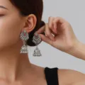 Exquisite vintage ethnic long fringe Jhumka earrings with red stone for women fashion daily wear - Bowknot Bell Style (weh6381) / Red Antique Silver