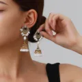 Vintage ethnic pearl jhumka earrings with hollow design and crystal rhinestones for women. - Pearl Bell Style (weh6383) / Black Antique Gold