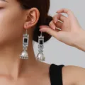 Vintage silver long jhumka earrings with black stone pearls and bell tassels ethnic detail view. - Square Rhinestone Tassel Style (weh6384) / Black Antique Silver